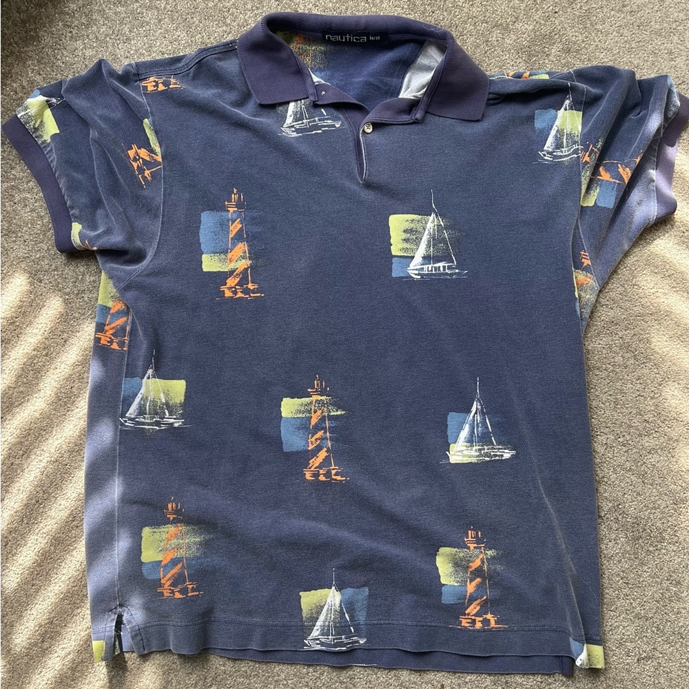 Vintage 90s Nautica Polo Shirt XL Mens Faded Blue Sail Boat Light Houses Cotton